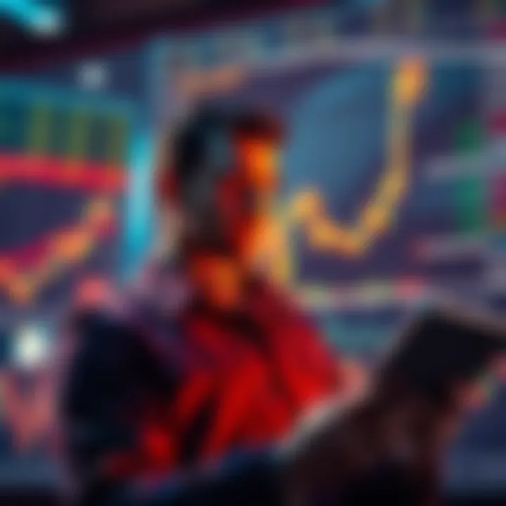 Person contemplating a bold investment in Exxon Mobil while looking at financial charts and assets being sold off.