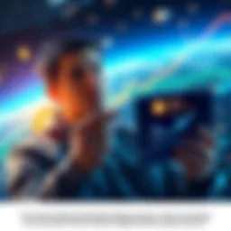 A person analyzing investment options including rare earth metals and space industry visuals, with Bitcoin in the background.