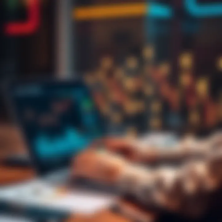 A person analyzing investment charts and reports on a laptop with currency symbols in the background.