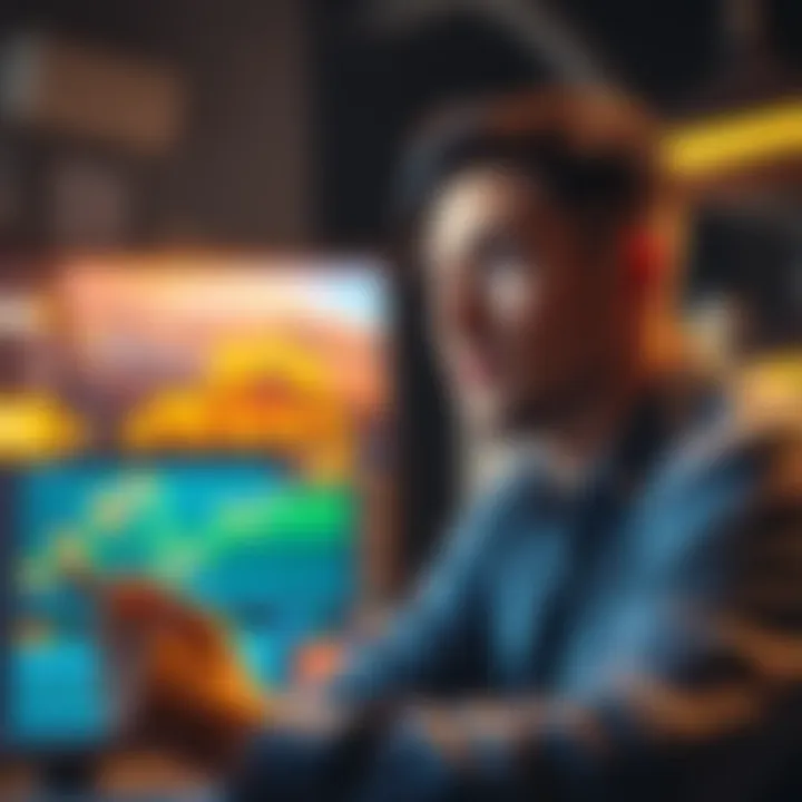 An investor considering a financial decision while looking at a chart and Dogecoin on a screen.