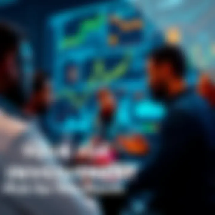 A group of people exchanging investment ideas, with charts and graphs in the background