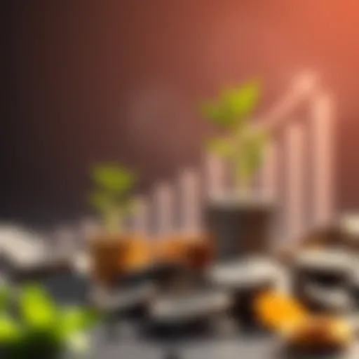 A graph showing upward trends in investments with coins and a plant symbolizing growth.