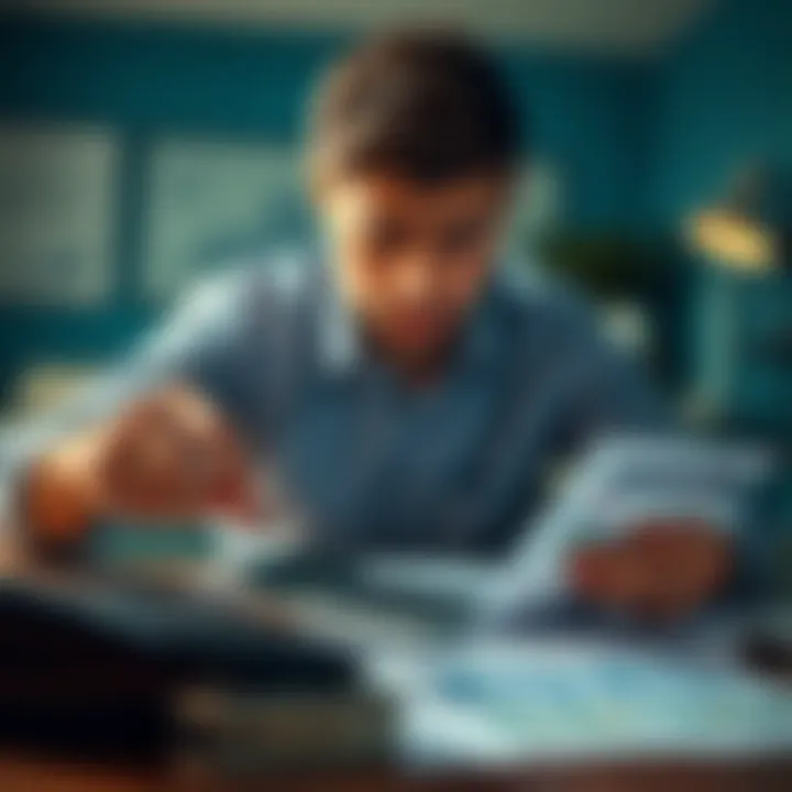 A person looking worried while reviewing financial documents with a calculator and empty wallet on the table