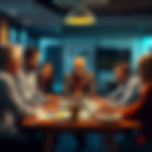 A group of people smiling and sharing stories about their investment losses around a table with charts and graphs on it