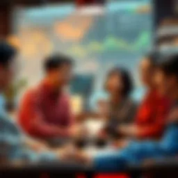 Chinese people discussing investment options in a friendly setting, surrounded by financial charts and graphs