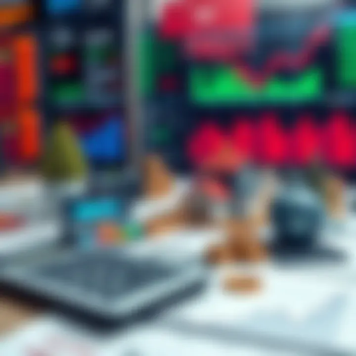 A diverse range of investment options such as stocks, real estate, and bonds on a table with a calculator and financial charts in the background