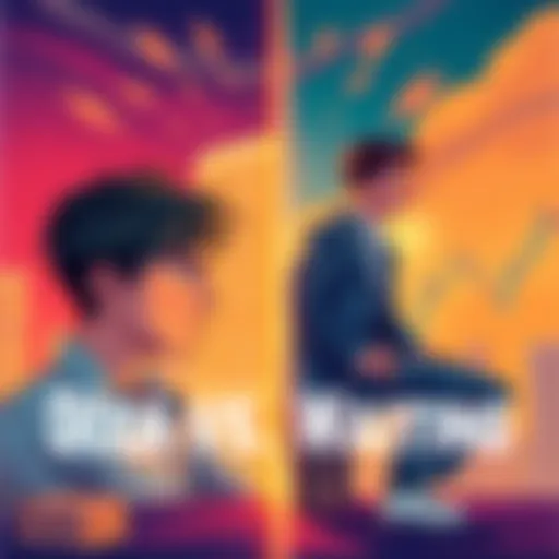 A split image showing two investment strategies: one side depicts a person regularly buying stocks dollar-cost averaging and the other side shows a person hesitating to invest while watching market trends.