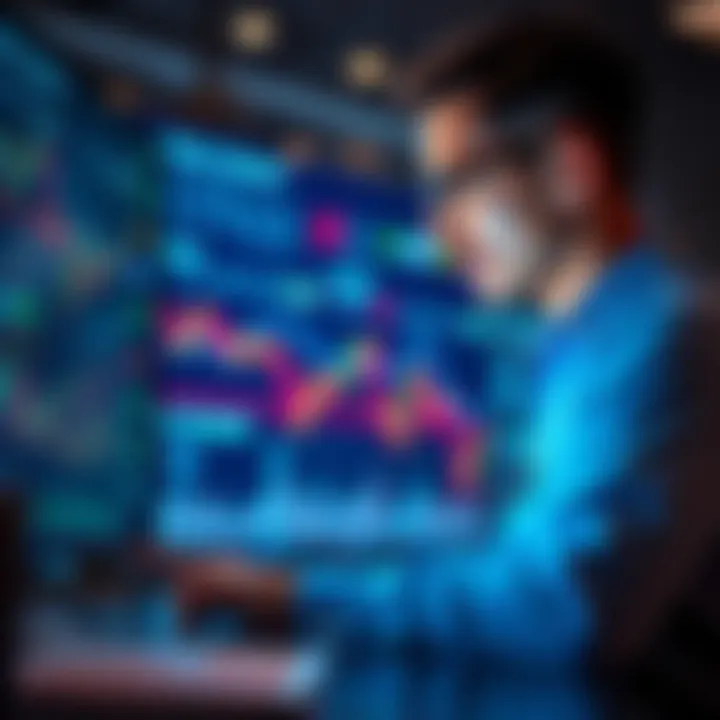 Investor Analyzing Market Trends An experienced investor reviewing charts and graphs on a digital screen, reflecting on market cycle lows and investment strategies during downturns.