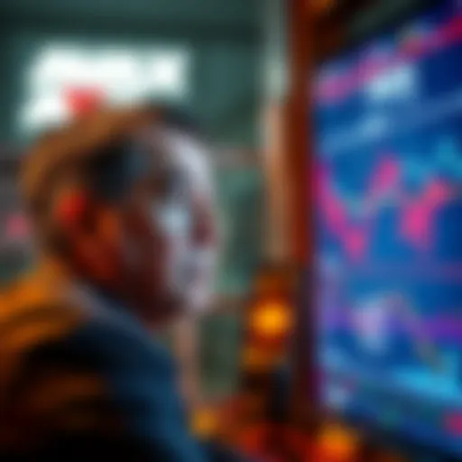 A worried investor staring at a downward trend graph on a screen, reflecting on potential losses in Avax cryptocurrency.