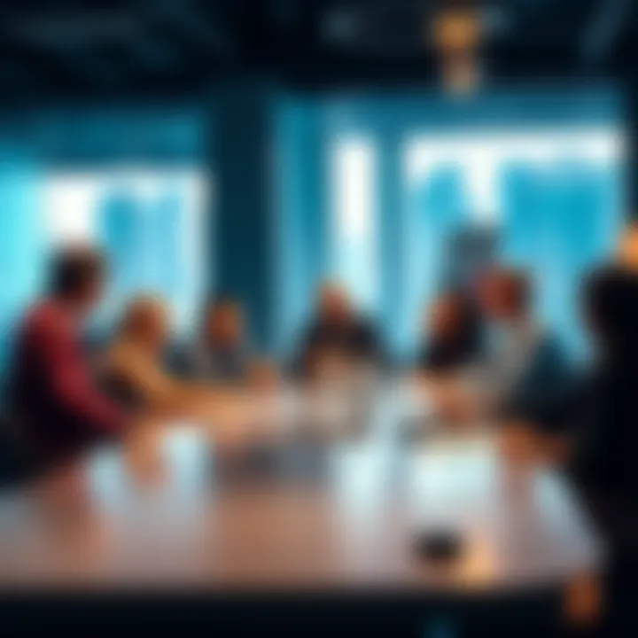 A group of diverse business professionals discussing investment strategies around a modern conference table, showcasing a collaborative atmosphere.