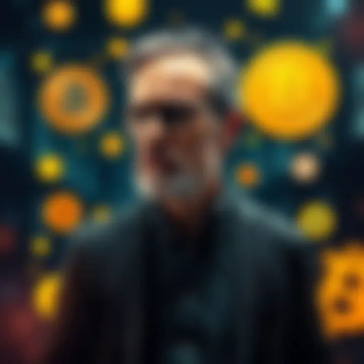 A seasoned investor walking away from digital currency with a reflective expression, surrounded by symbols of cryptocurrency and memecoins.