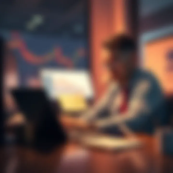 An investor sits at a desk, looking thoughtfully at financial charts related to AMP, symbolizing regret and reflection on investment choices.