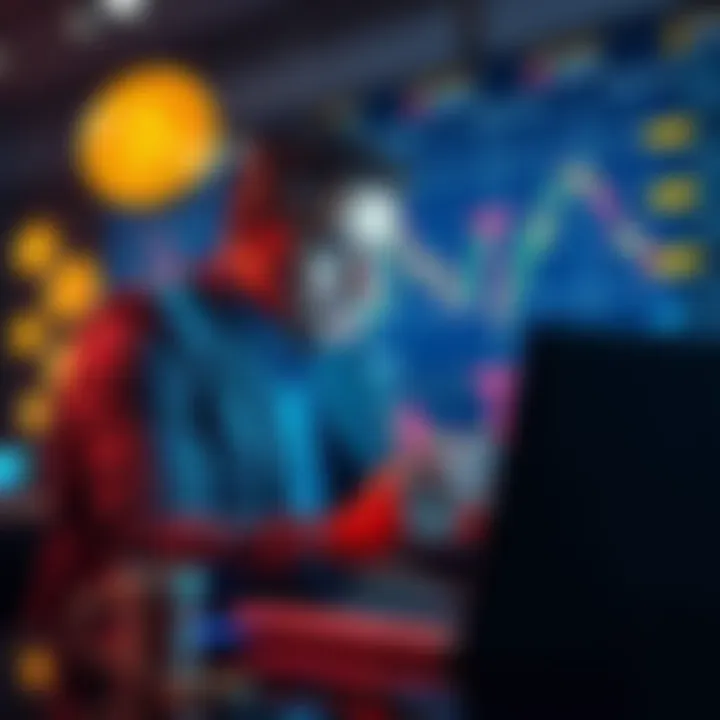 A focused investor examining cryptocurrency charts on a laptop, symbols of coins in the background.