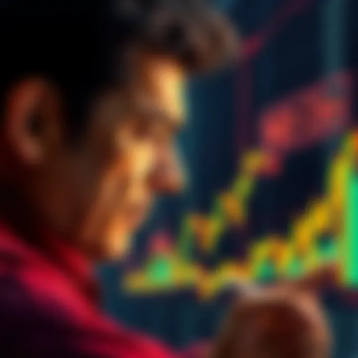 An investor looking at a Bitcoin chart with a concerned expression, contemplating selling off Bitcoin holdings to invest in AI stocks.