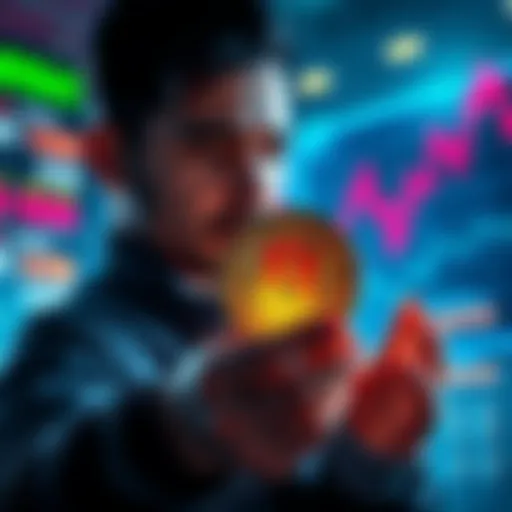 A confident investor purchasing a coin during a market drop, showcasing their strategy in volatile conditions.