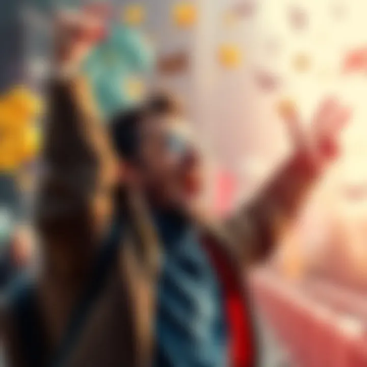 An investor joyfully celebrating after selling XRP, with a backdrop of currency symbols and travel imagery, symbolizing financial success and future trips