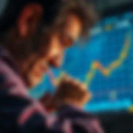 An anxious investor looks at a Bitcoin price chart showing a recent peak and anticipated drop, reflecting on their purchase decision.