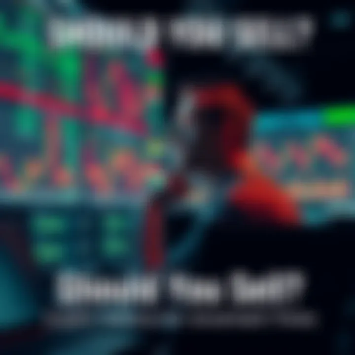 A person sitting at a desk looking at stock market charts, deep in thought about whether to sell their investments.