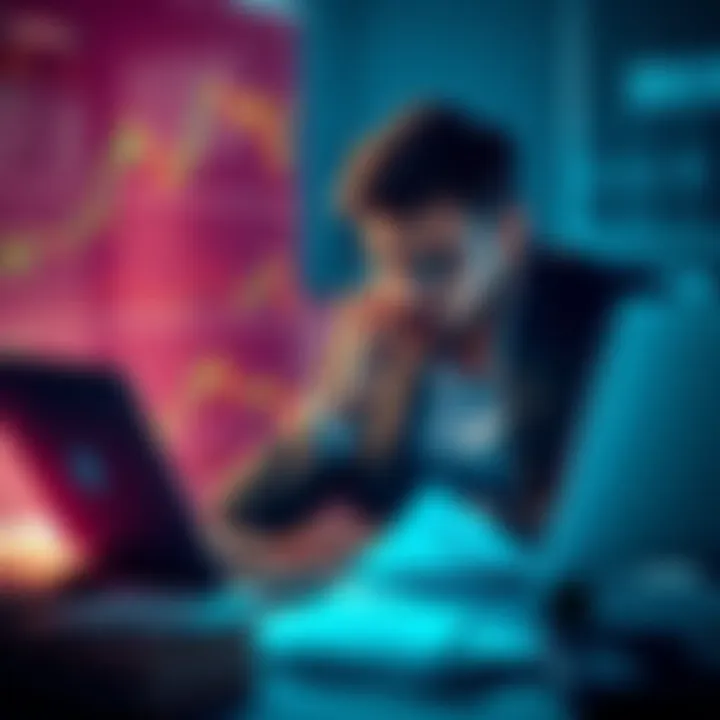 Investor worried about crypto losses A worried investor looking at cryptocurrency charts on a laptop, surrounded by financial documents, expressing frustration over losses
