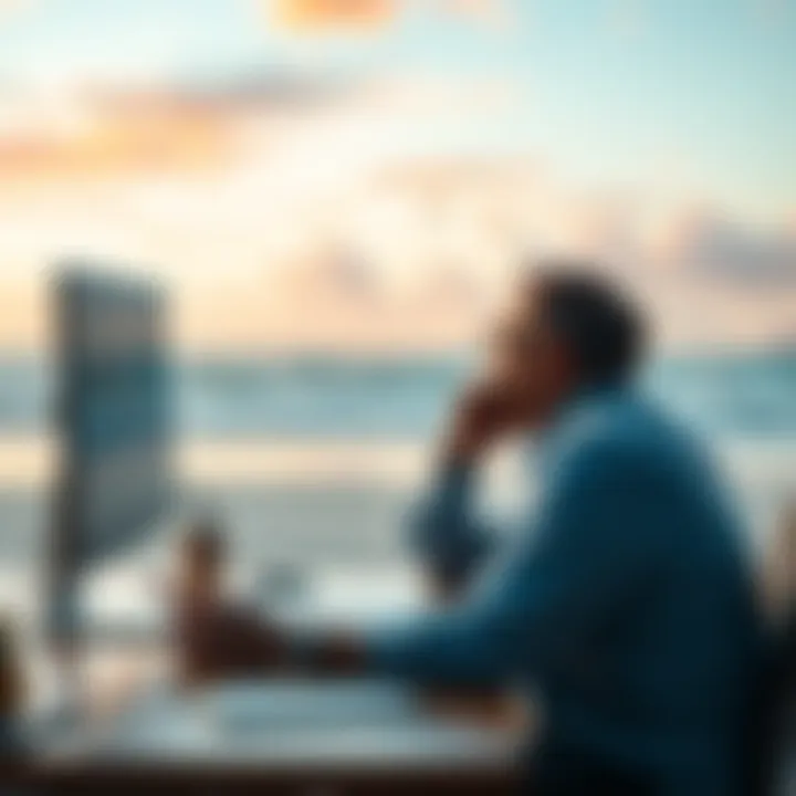 Investor Finding Calm During ETH Drop A worried investor sitting at a desk, looking at ETH price charts on a computer screen, with a calming image of a beach in the background