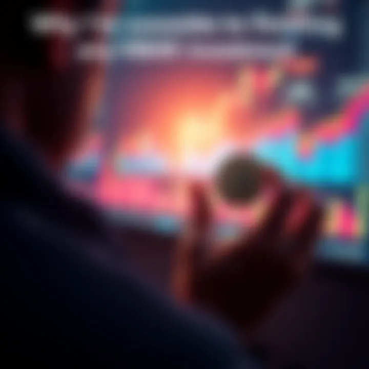 Investor Holding HBAR Coins A person looking at a digital chart representing HBAR investment trends, showing both dips and rises.