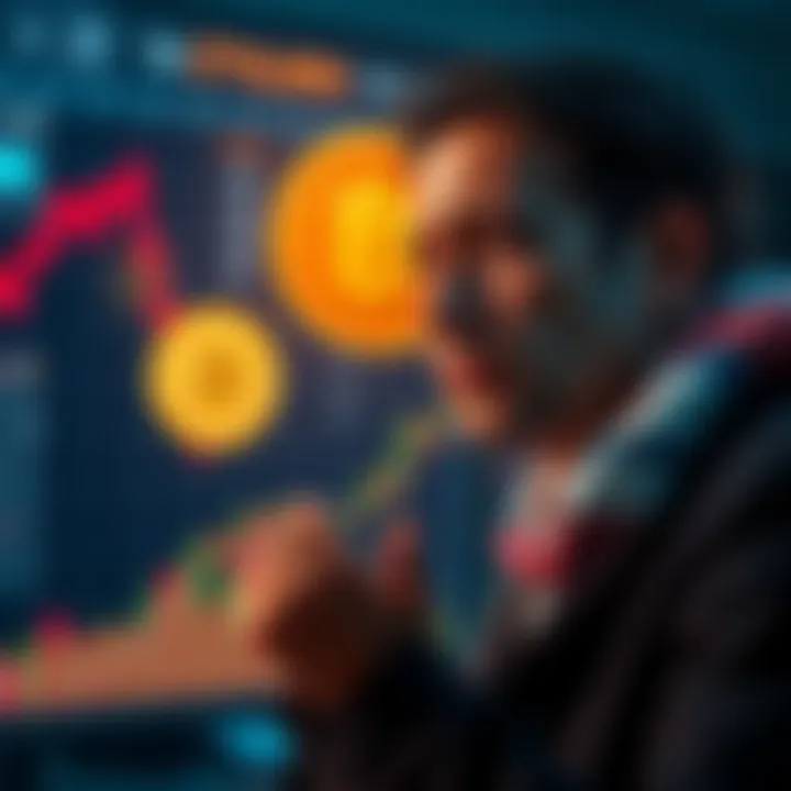 An investor looks concerned, staring at a Bitcoin chart showing rising prices, representing the struggle of waiting too long to buy.