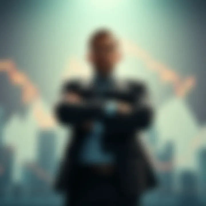 A determined investor stands confidently with arms crossed, overlooking financial charts and graphs, symbolizing their commitment to holding assets.