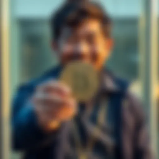 Investor holding Kaspa coin A dedicated investor proudly holding a Kaspa coin with a confident smile, symbolizing long-term commitment to the investment