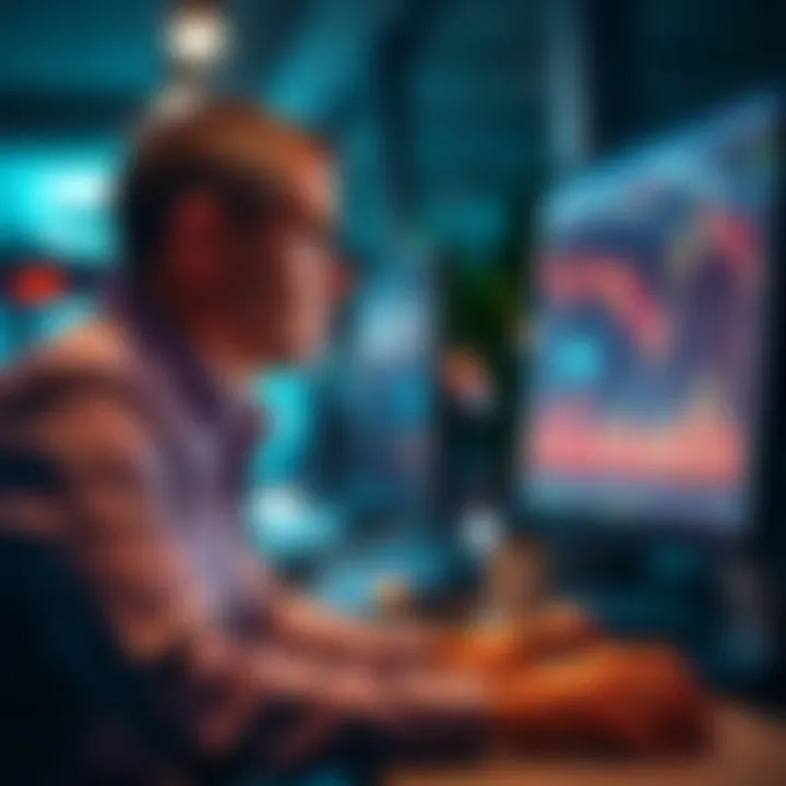 A focused investor looking at stock charts on a computer screen, analyzing market trends amidst volatility.