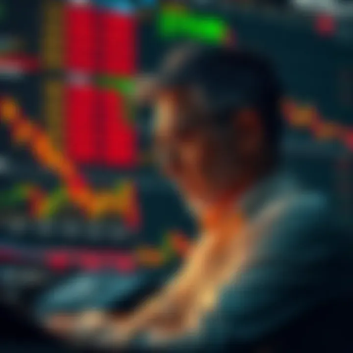 Investor Reflecting on Missed Opportunities A worried investor looks at financial charts showing declining stocks, contemplating past investment choices and the regret of missed profits.
