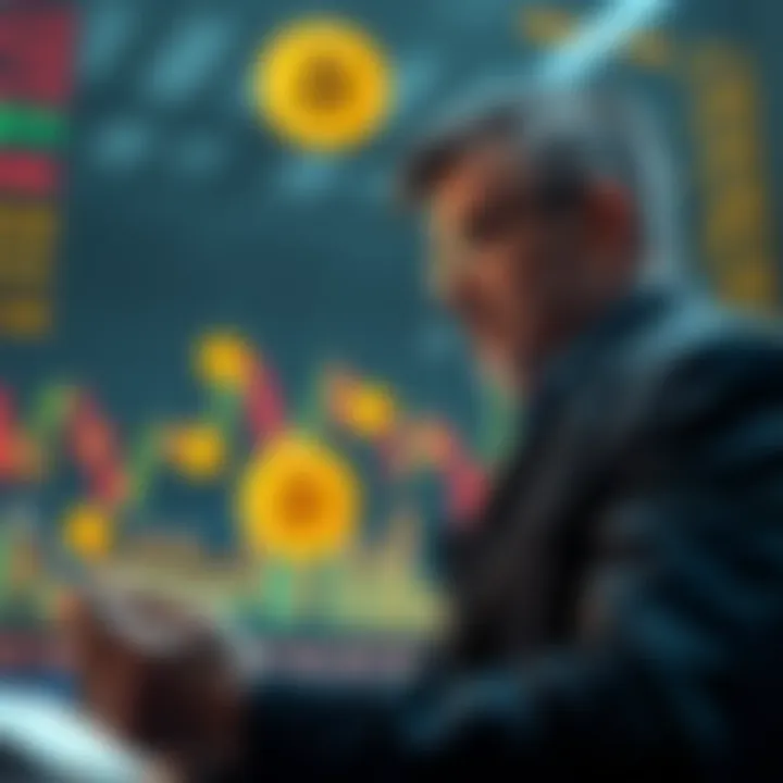 An investor looking at financial charts with Bitcoin symbols, contemplating a shift from stock market to cryptocurrency at a $60k price point.