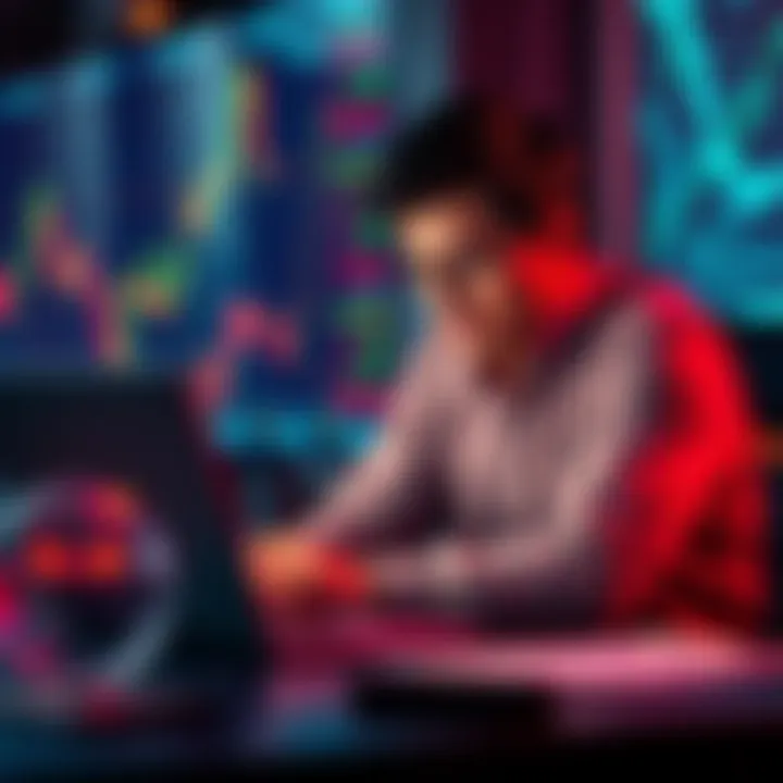 An investor sitting at a desk with a worried expression, looking at falling stock graphs on a laptop screen, symbolizing financial setbacks.