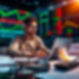 A person studying stock market charts on a laptop, looking thoughtful and focused, surrounded by financial documents and graphs, indicating a strategic investment approach during market downturns.