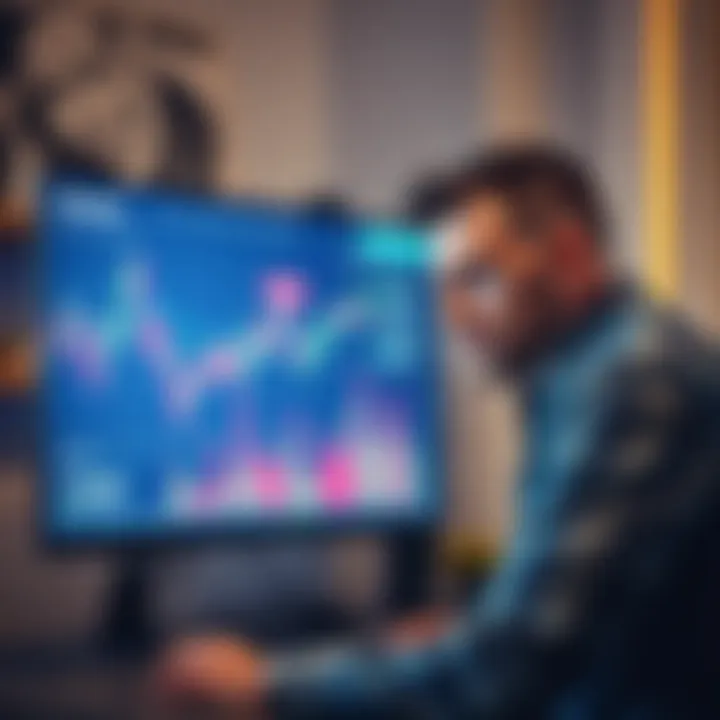 A concerned man looks at a computer screen displaying Ethereum charts, with a photo of his wife in the background, showing the emotional stakes of his investment decision.