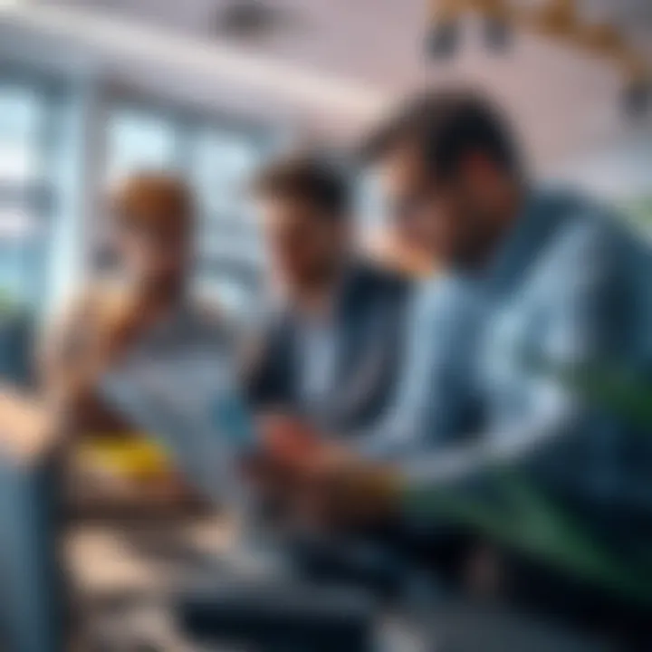 A group of investors discussing strategies and analyzing graphs on a laptop in an office setting