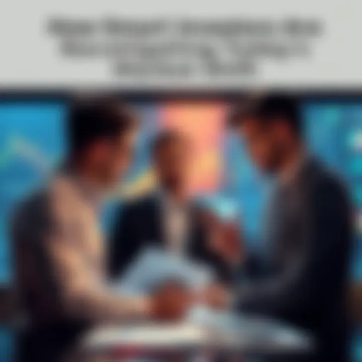 Investors Reviewing Strategies A group of investors discussing strategies in front of financial charts and graphs, focusing on market trends.