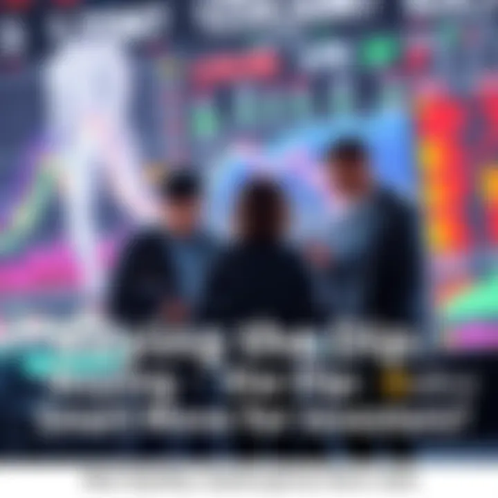 A group of investors examining financial charts and market trends on digital devices, contemplating strategic decisions during a market downturn.