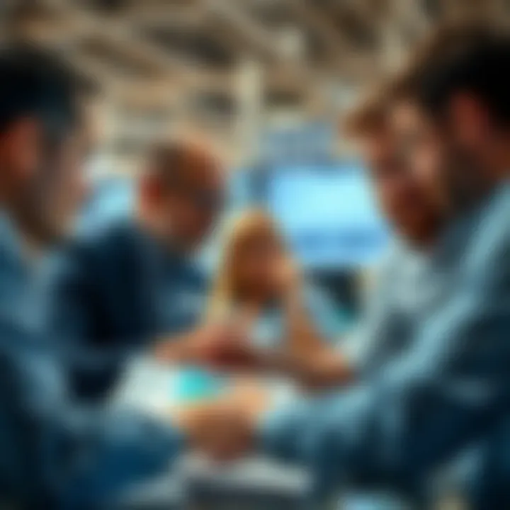 A group of investors discussing strategies during a market dip, looking at charts and graphs, showing a mix of concern and determination.