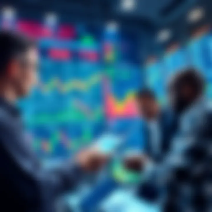 Investors Analyzing Market Trends A group of investors looking at market charts and graphs, discussing strategies during a market dip.