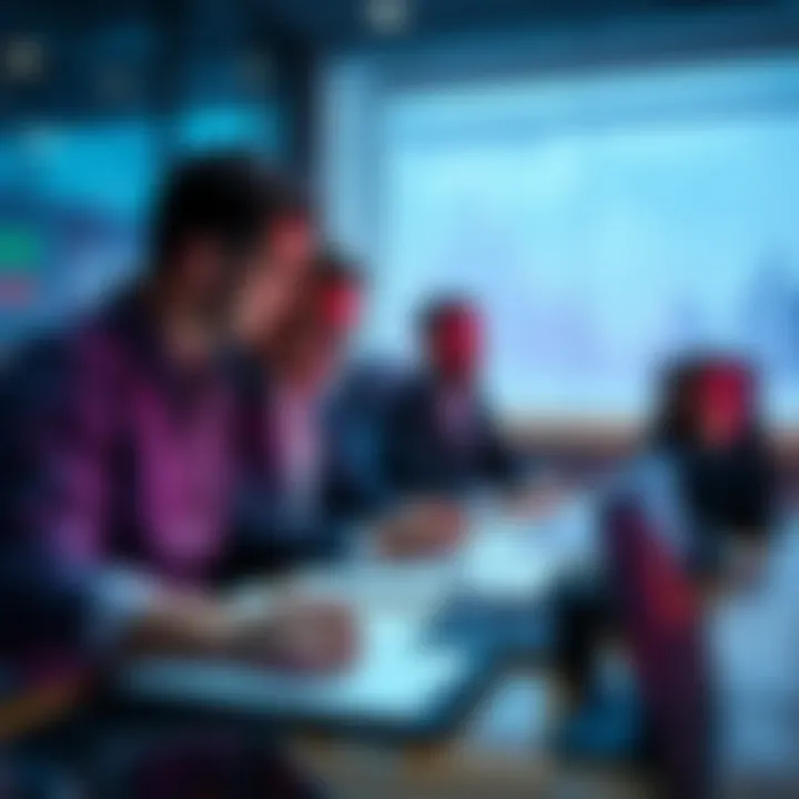 A group of investors looking at financial charts and discussing portfolio strategies during a meeting