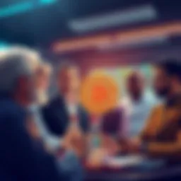 A group of diverse investors discussing strategies for Bitcoin ETFs