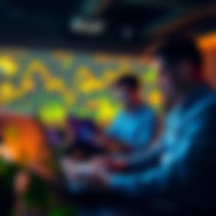 Group of people analyzing cryptocurrency data on laptops, with charts showing rising trends in lesser-known coins.