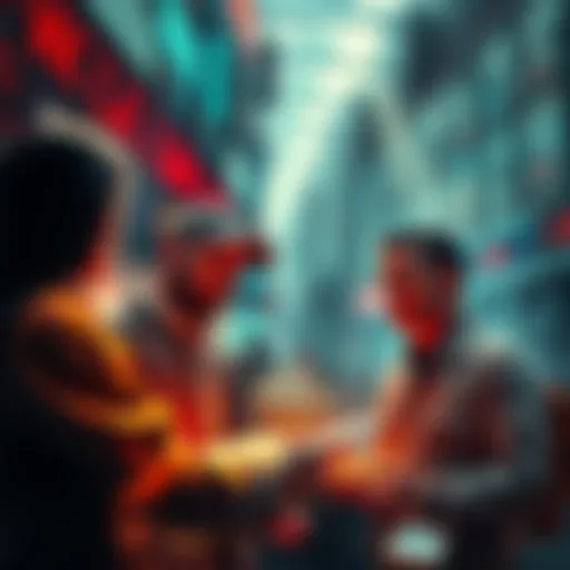 A group of investors discussing and buying LINK cryptocurrency in a dynamic market atmosphere