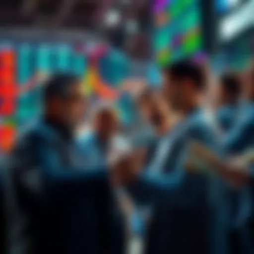 Group of investors analyzing stock charts and discussing buying opportunities during a market dip