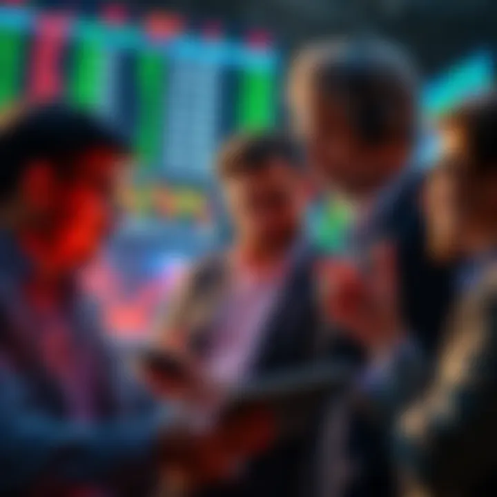 A group of investors reviewing market charts and discussing stock purchases during a market dip.