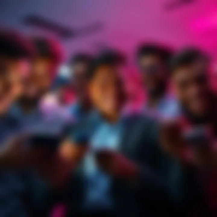 A group of diverse investors smiling and checking their phones as Bitcoin prices drop, symbolizing opportunity and optimism in a bright future.