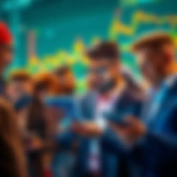 A group of diverse investors looking at digital cryptocurrency charts on their devices, debating safer investment options like stocks and bonds.