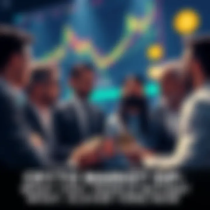A group of people sharing strategies and discussing various cryptocurrencies during a market dip, with charts and coin symbols in the background.