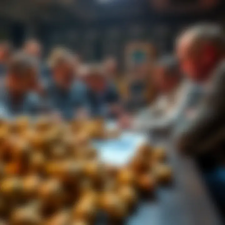 A group of investors discussing strategies over a table full of potatoes and market charts