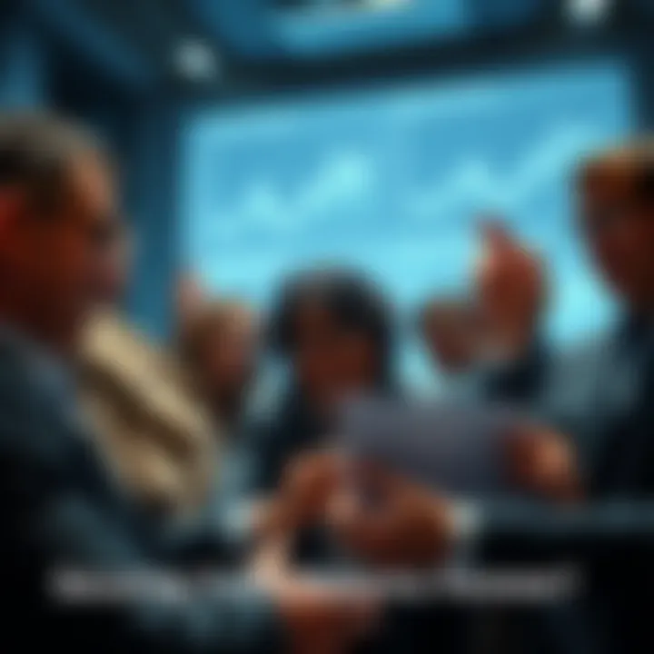 Investors discussing financial returns A group of investors looking at charts and graphs related to financial returns, some showing excitement while others appear skeptical.